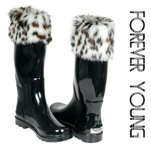 Women Tall Faux Fur Cuff Rain Boots, RB-1804
